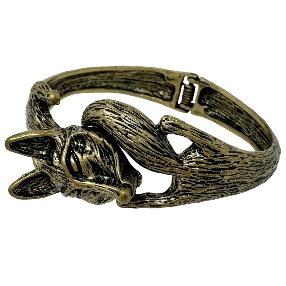 Fox Vintage Look Gold Tone Metal Hinged Bangle Bracelet